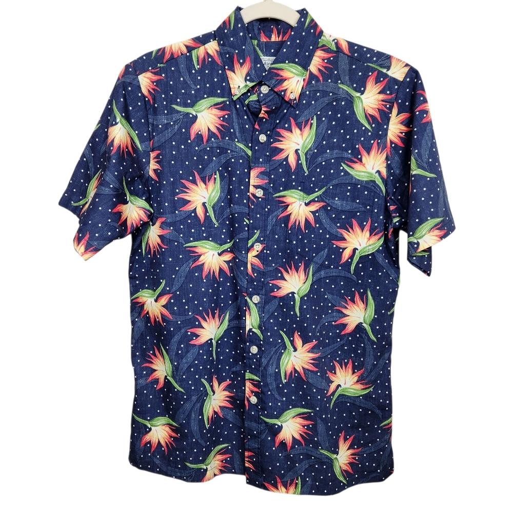 Avanti Hawaii Paradise Polka Navy Floral Hawaiian Button Down Shirt Mens Size S